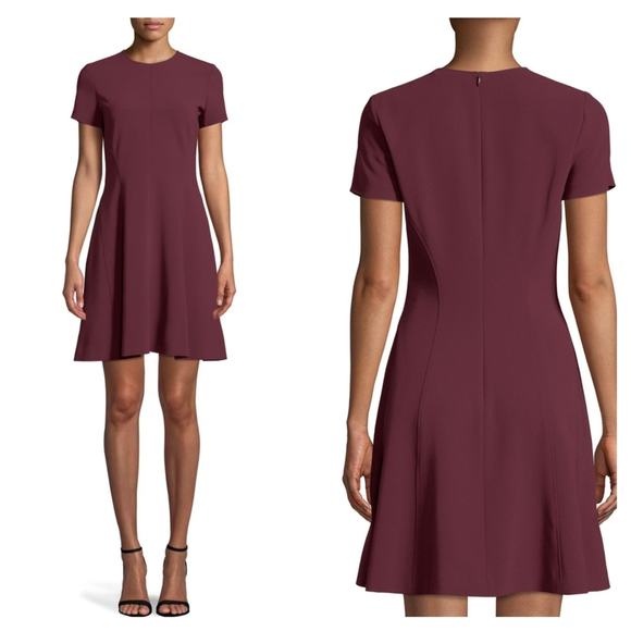 THEORY Crewneck Short-Sleeve Modern Seamed Shift Admiral Crepe Dress Burgundy 12 - Picture 1 of 8